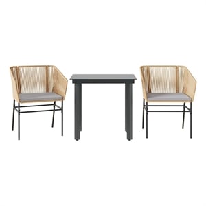 vidaXL 3 Piece Patio Dining Set with Cushions Brown Poly Rattan Glass