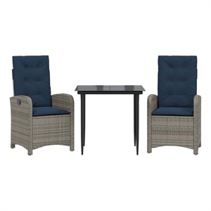 vidaXL 3 Piece Patio Dining Set with Cushions Gray Poly Rattan