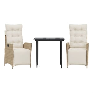 vidaXL 3 Piece Patio Dining Set with Cushions Beige Poly Rattan