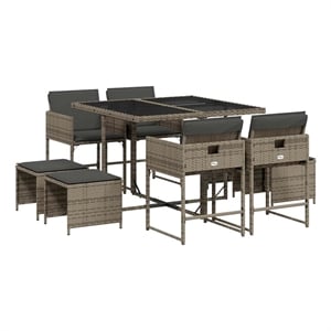vidaXL 9 Piece Patio Dining Set with Cushions Gray Poly Rattan