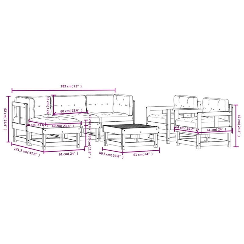 vidaXL 7 Piece Patio Lounge Set with Cushions White Solid Wood