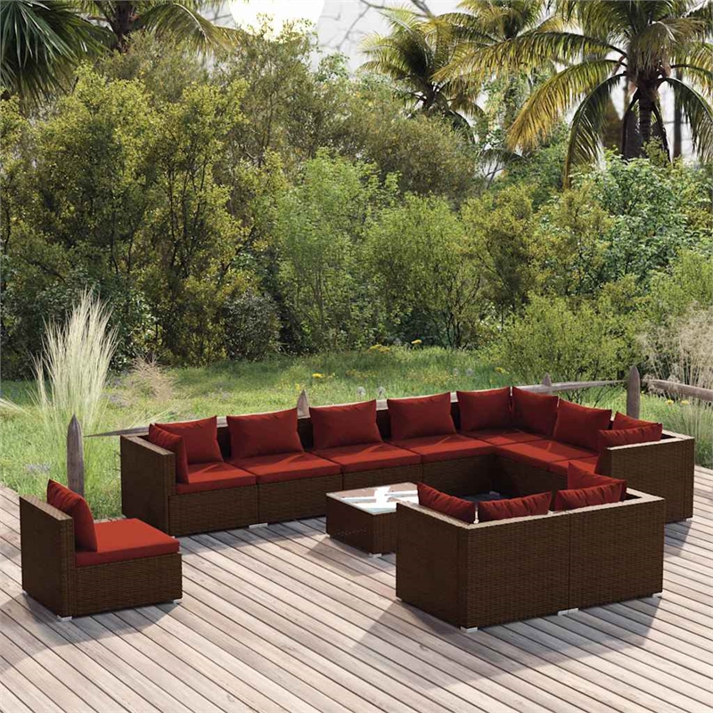 vidaXL 11 Piece Patio Lounge Set with Cushions Poly Rattan Brown