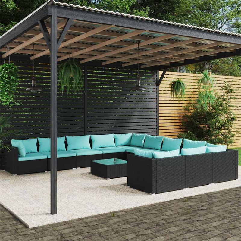 vidaXL 12 Piece Patio Lounge Set with Cushions Poly Rattan Black