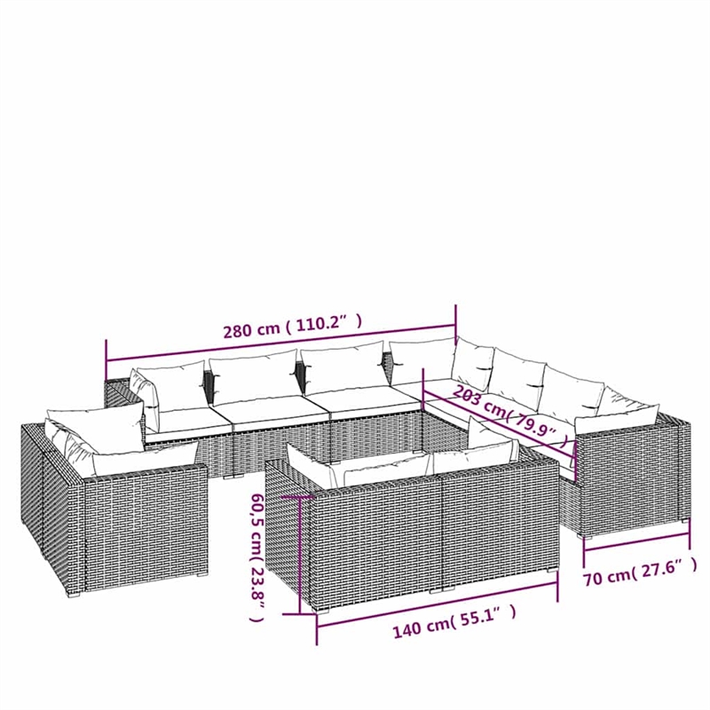 vidaXL 11 Piece Patio Lounge Set with Cushions Black Poly Rattan