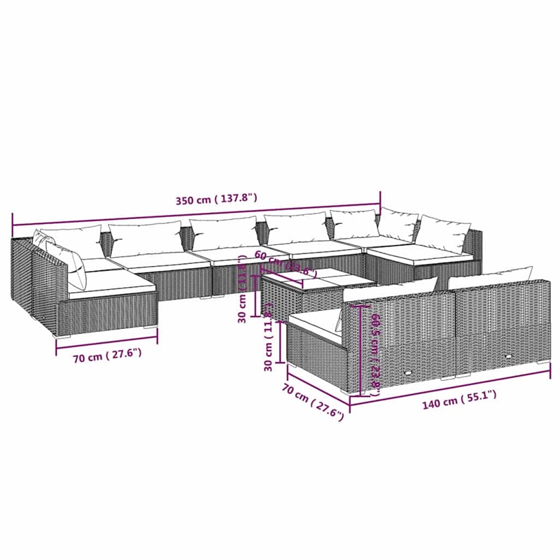 vidaXL 10 Piece Patio Lounge Set with Cushions Brown Poly Rattan