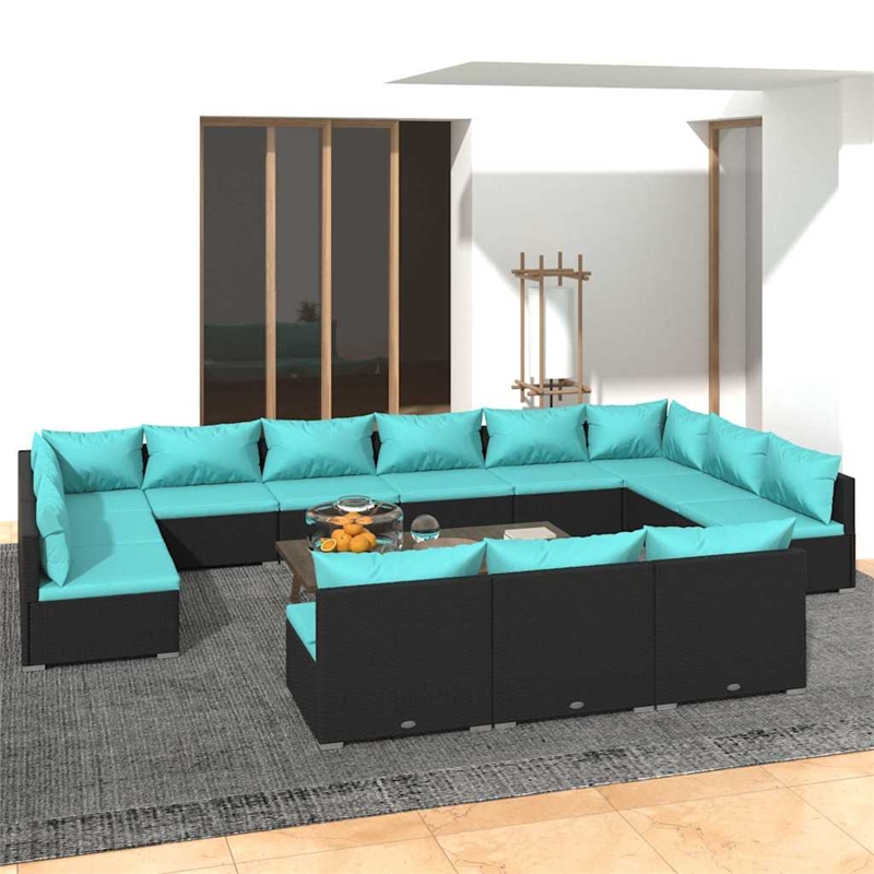 vidaXL 13 Piece Patio Lounge Set with Cushions Black Poly Rattan