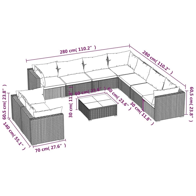 vidaXL 10 Piece Patio Lounge Set with Cushions Brown Poly Rattan