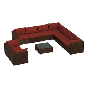 vidaXL 10 Piece Patio Lounge Set with Cushions Brown Poly Rattan