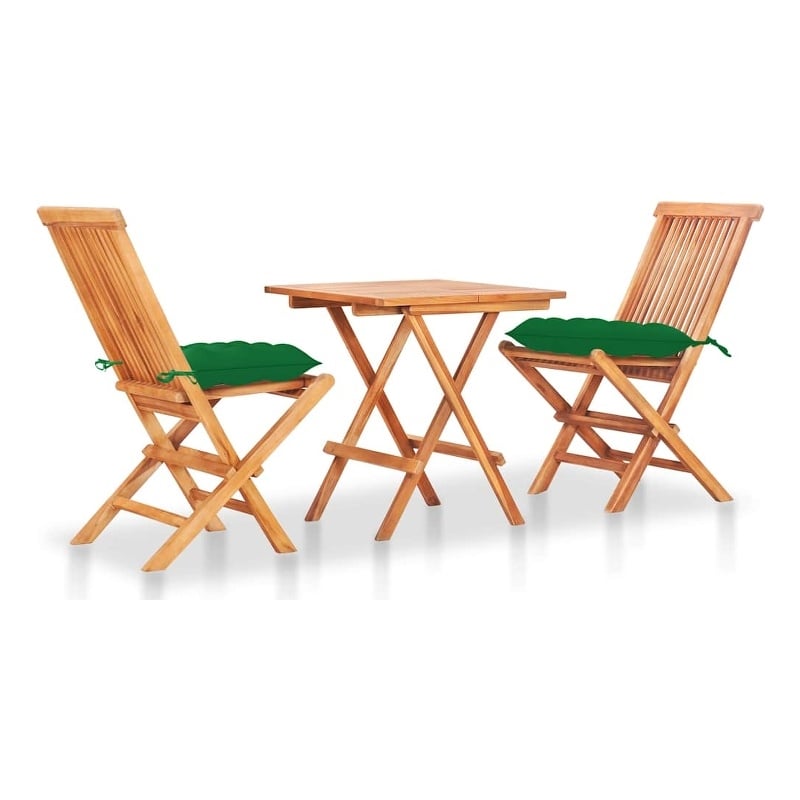 vidaXL 3 Piece Bistro Set with Green Cushions Solid Teak Wood
