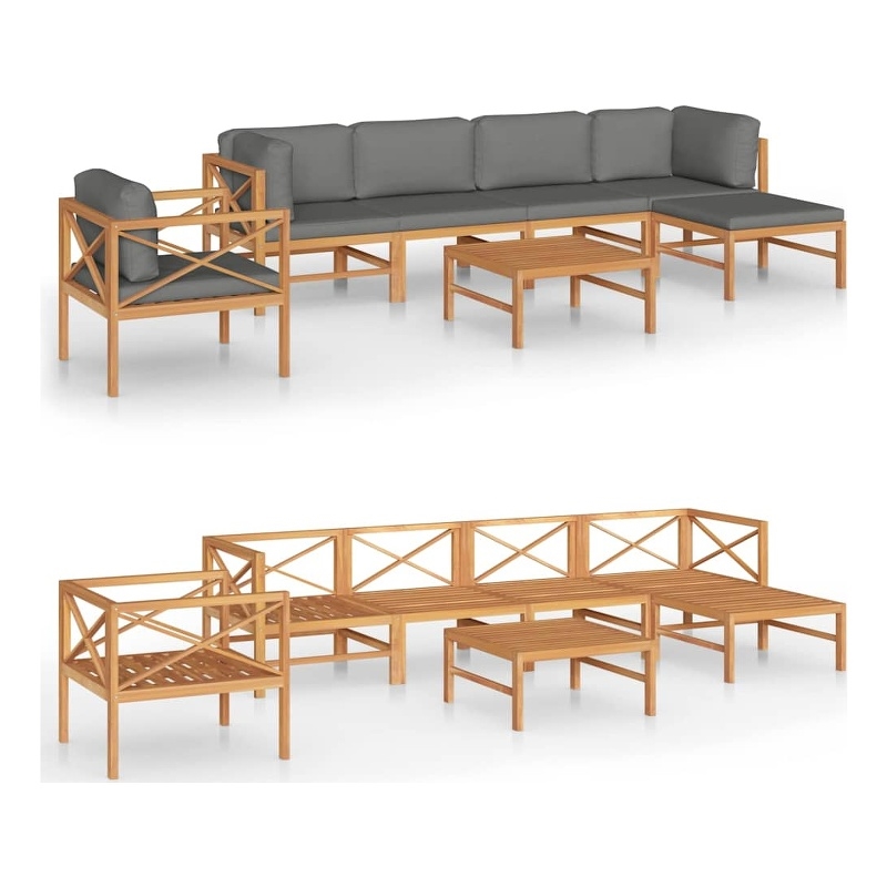 vidaXL 7 Piece Patio Lounge Set with Gray Cushions Solid Teak Wood