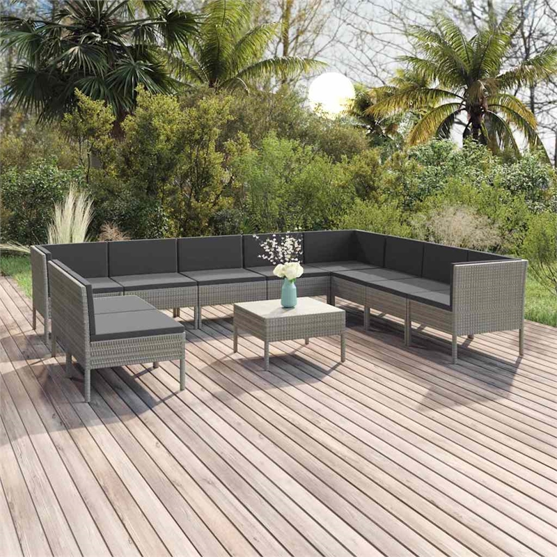 vidaXL 11 Piece Patio Lounge Set with Cushions Poly Rattan Gray