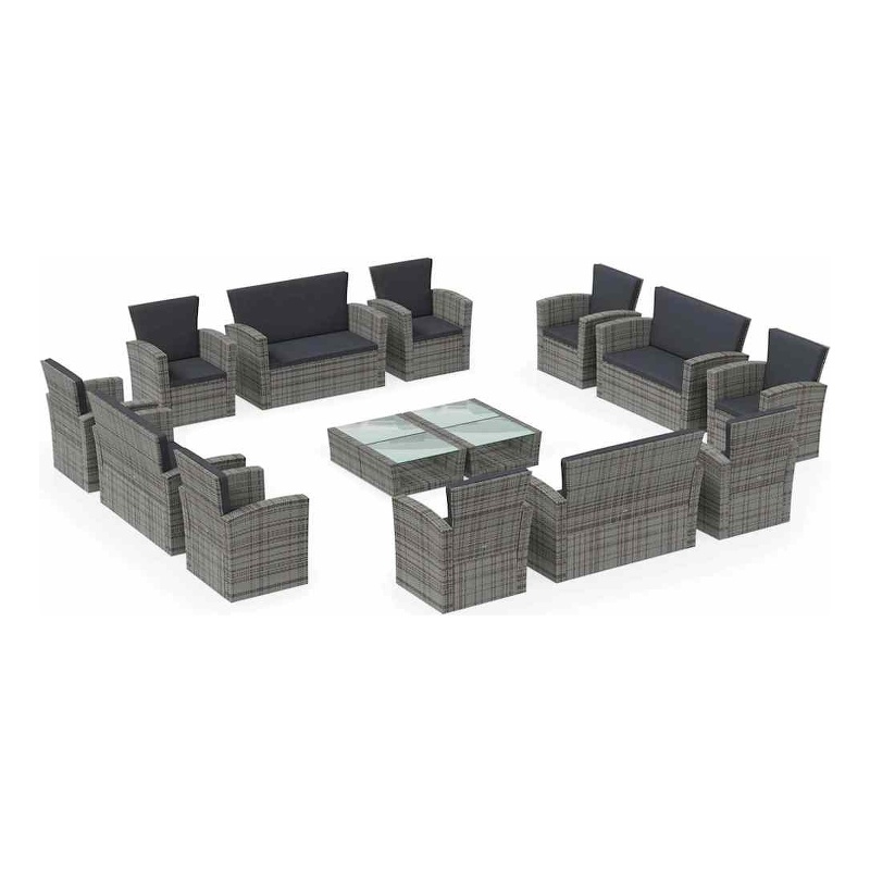vidaXL 16 Piece Patio Lounge Set with Cushions Poly Rattan Gray