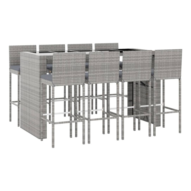 vidaXL 9 Piece Patio Bar Set with Cushions Gray Poly Rattan