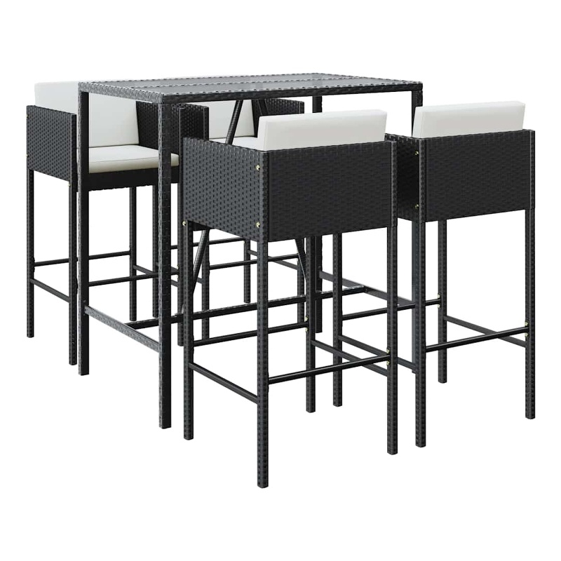 vidaXL 5 Piece Patio Bar Set with Cushions Black Poly Rattan