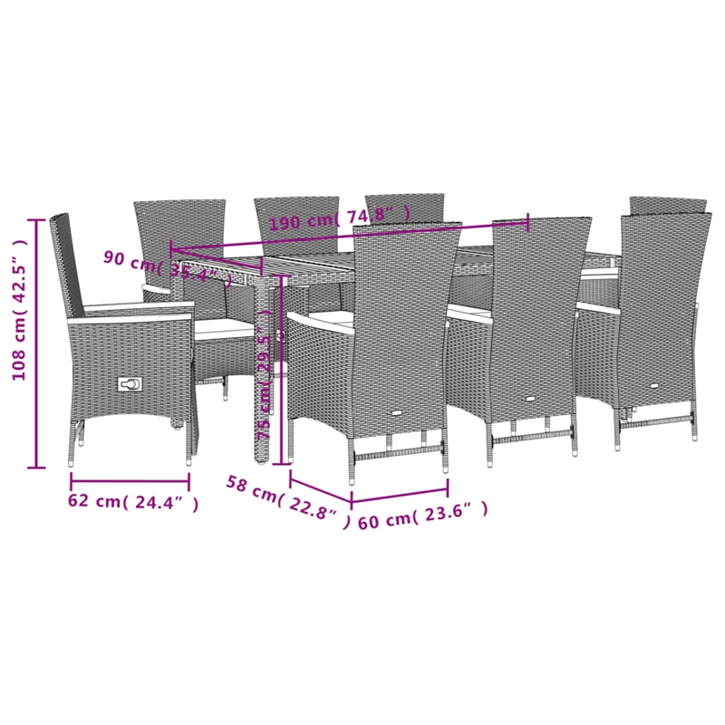 vidaXL Garden Dining Set Rattan Black 9-Piece