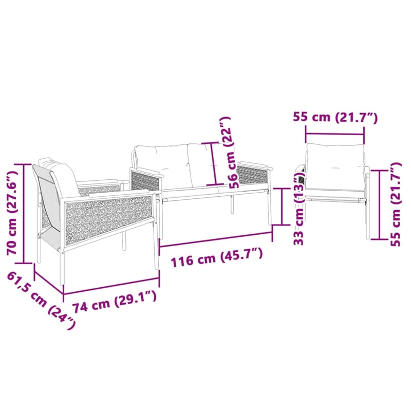 vidaXL 3 Piece Balcony Furniture Set with Cushions Black Steel