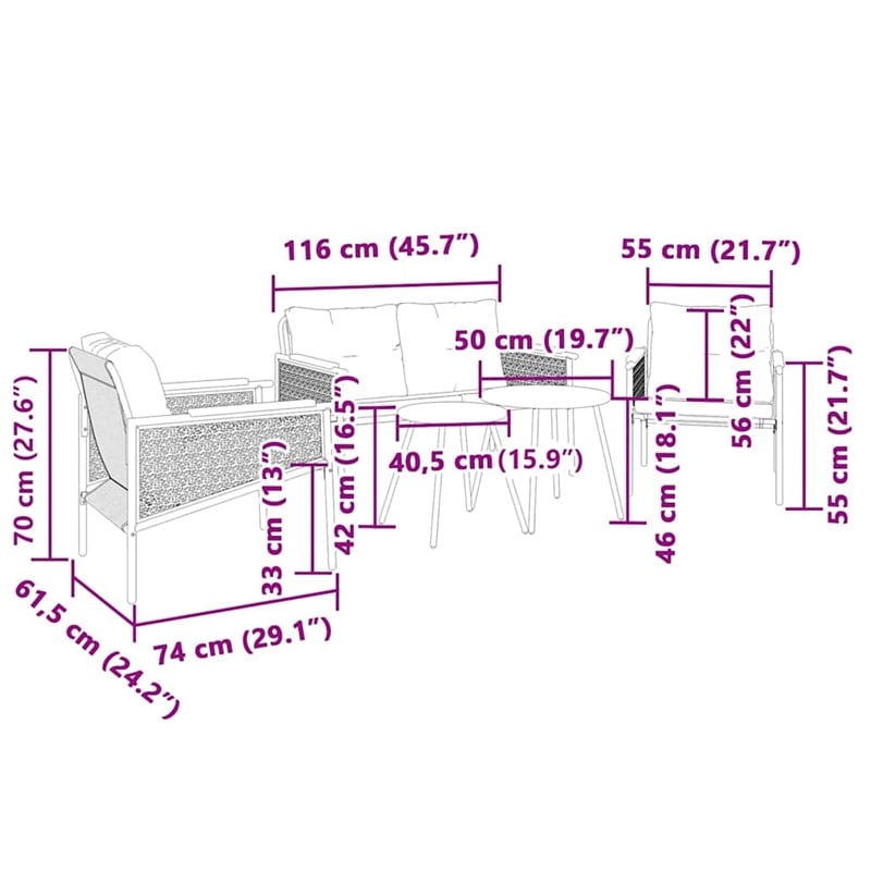 vidaXL 5 Piece Balcony Furniture Set with Cushions Black Steel