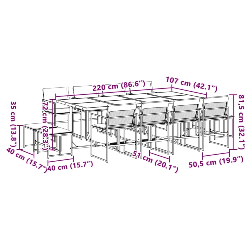 vidaXL 13 Piece Patio Dining Set with Cushions Black Textilene