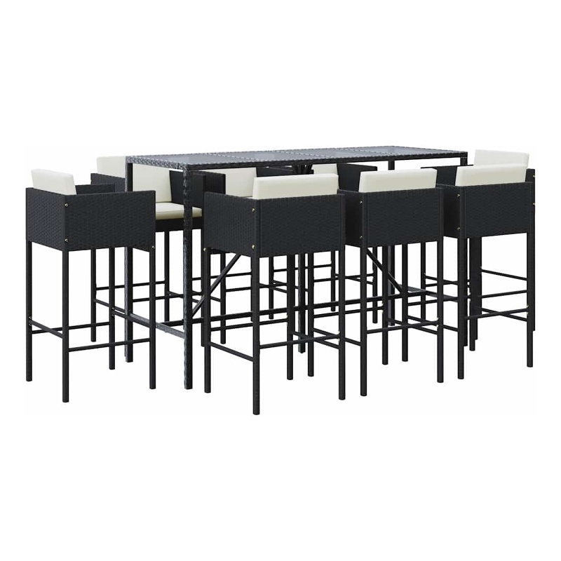 vidaXL 9 Piece Patio Bar Set with Cushions Black Poly Rattan