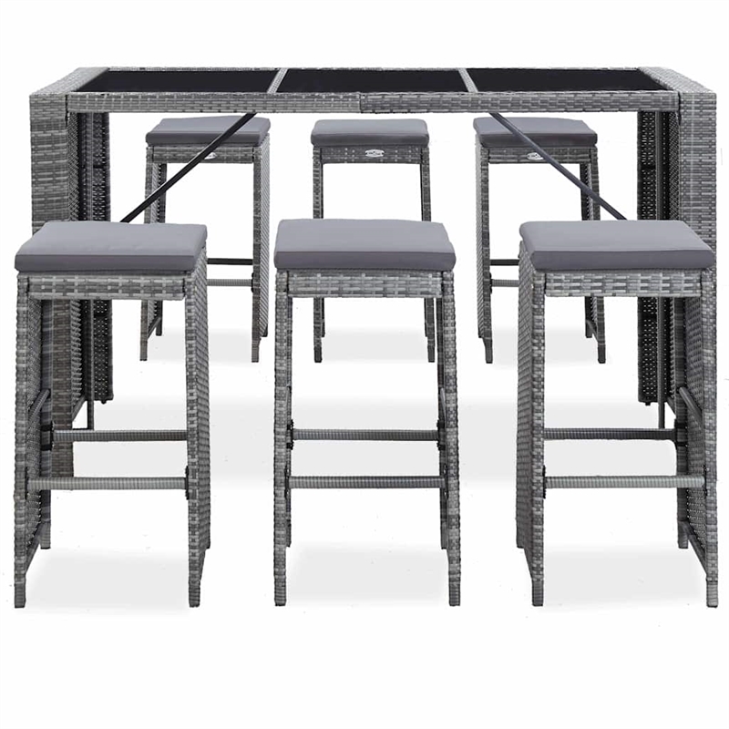 vidaXL 7 Piece Patio Bar Set with Cushions Poly Rattan Gray