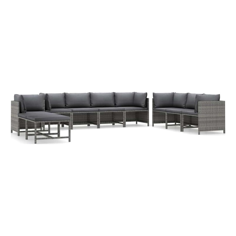 vidaXL 10 Piece Patio Lounge Set with Cushions Poly Rattan Gray