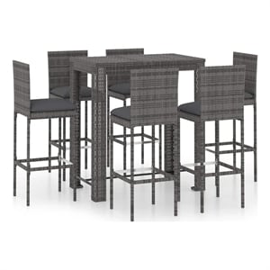 vidaXL 7 Piece Patio Bar Set with Cushions Poly Rattan Gray