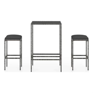 vidaXL 3 Piece Patio Bar Set with Cushions Poly Rattan Gray