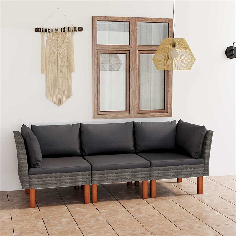 vidaXL 3-Seater Patio Sofa with Cushions Gray Poly Rattan