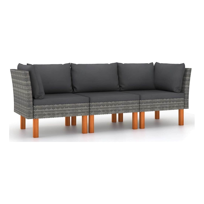 vidaXL 3-Seater Patio Sofa with Cushions Gray Poly Rattan