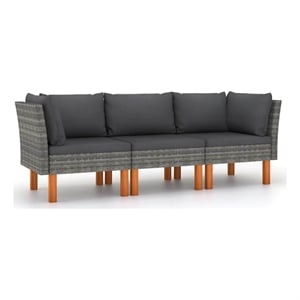 vidaXL 3-Seater Patio Sofa with Cushions Gray Poly Rattan