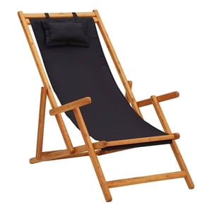 vidaXL Folding Beach Chair Solid Eucalyptus Wood and Fabric Black