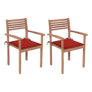 vidaXL Patio Chairs 2 pcs with Red Cushions Solid Teak Wood