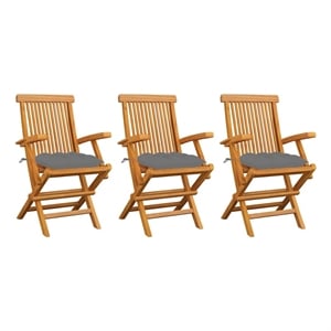 vidaXL Patio Chairs with Gray Cushions 3 pcs Solid Teak Wood
