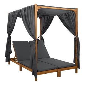 vidaXL Double Sun Lounger with Canopy and Curtains Solid Acacia Wood