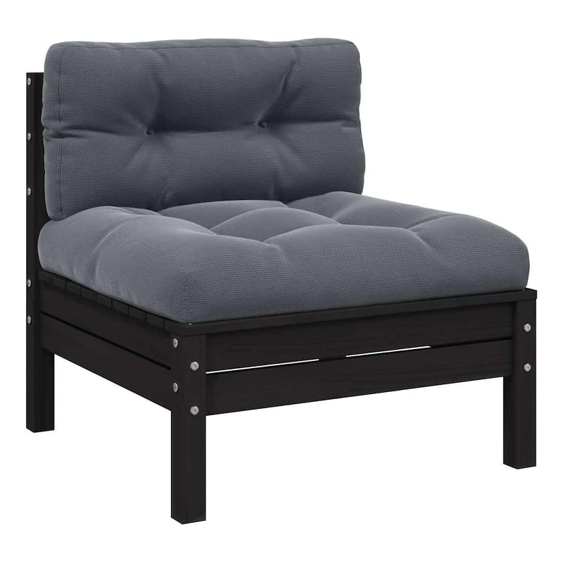 vidaXL Patio Middle Sofa with Cushions Black Solid Pinewood