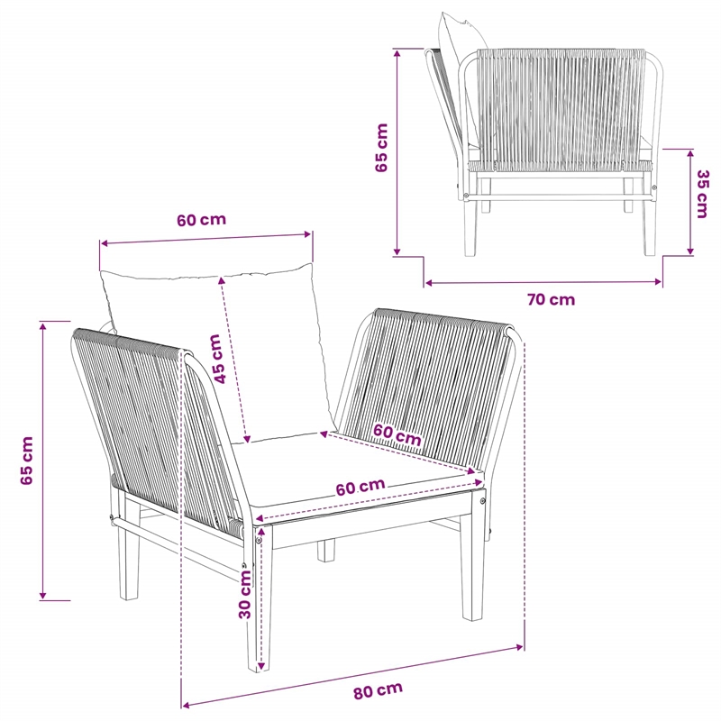 vidaXL Garden Chair with Cushions Solid Acacia Wood & Rope Natural