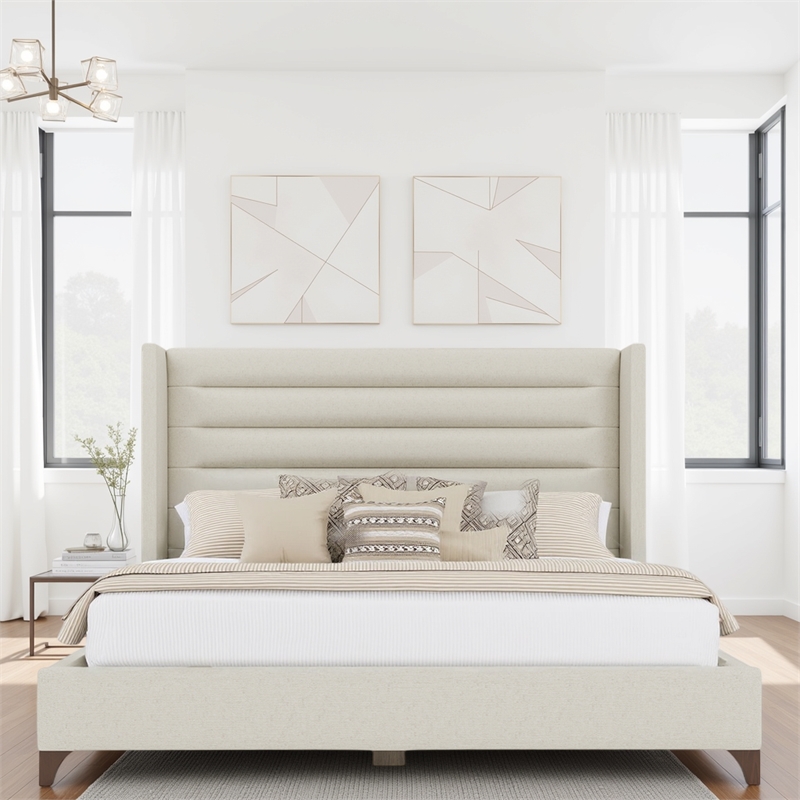 Savelle Channel Upholstered Bed King Off White Performance Fabric