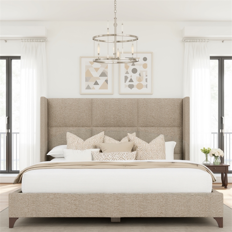 Savelle Square Upholstered Bed Queen Tan Performance Fabric