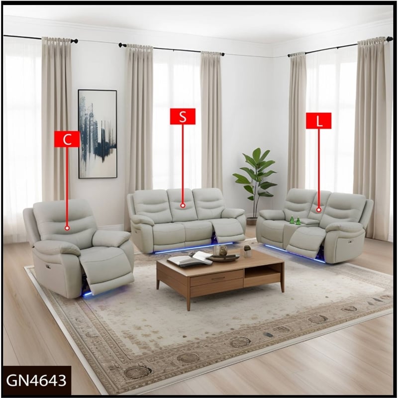 Star Home Living Breathing Leather/PVC 3-Piece Recliner Sofa Set in Light Gray