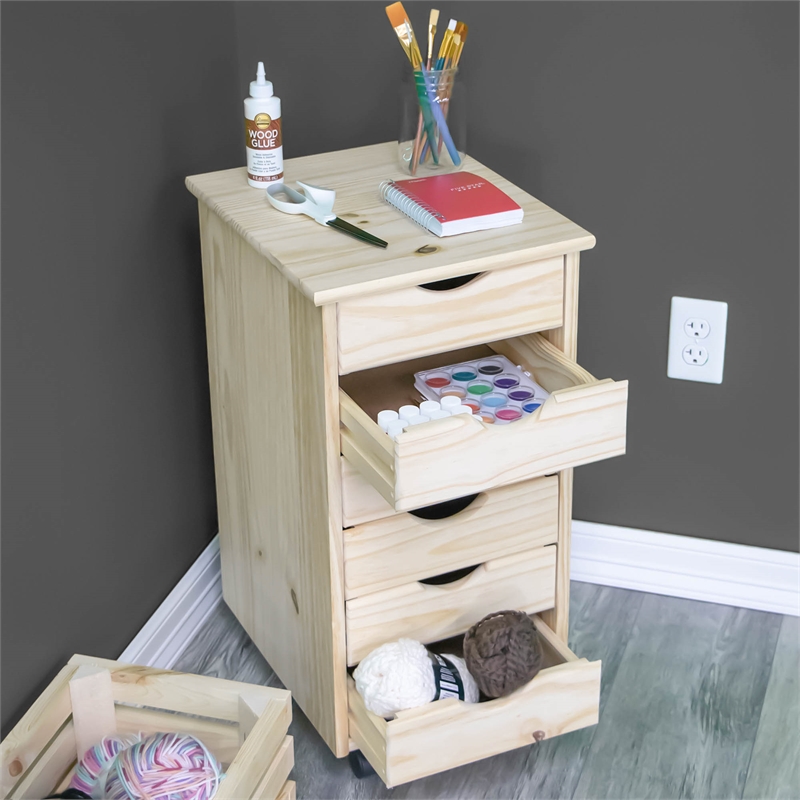 Jela Solid Wood 6 Drawer Roll Cart in Unfinished