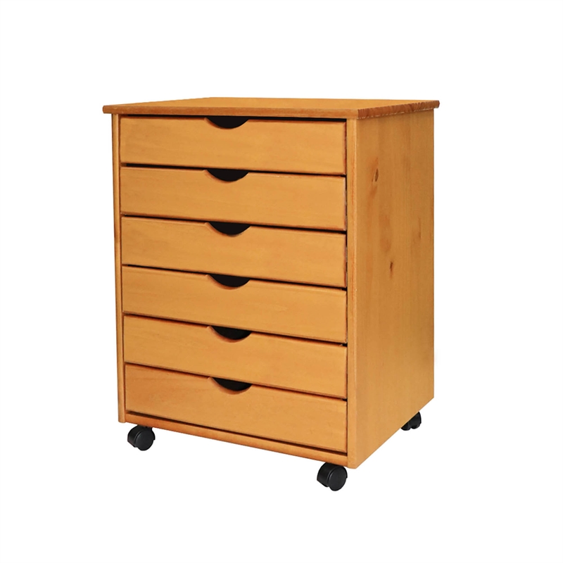 Jela Solid Wood 6 Drawer Wide Roll Cart in Med Pine
