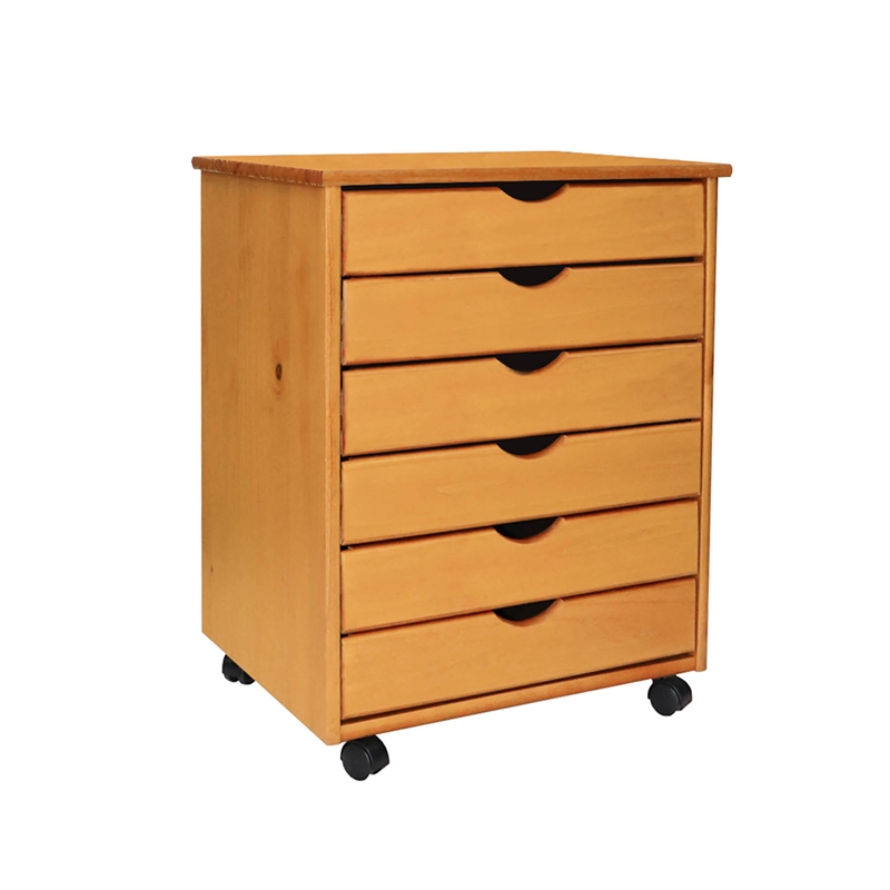 Jela Solid Wood 6 Drawer Wide Roll Cart in Med Pine