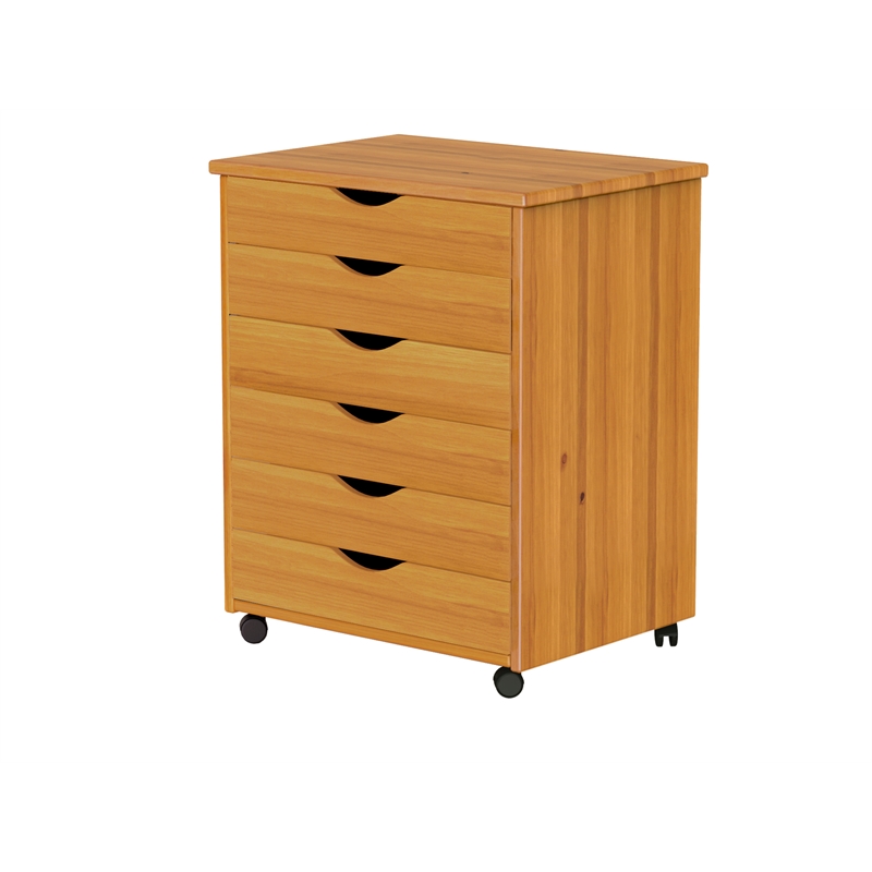 Jela Solid Wood 6 Drawer Wide Roll Cart in Med Pine
