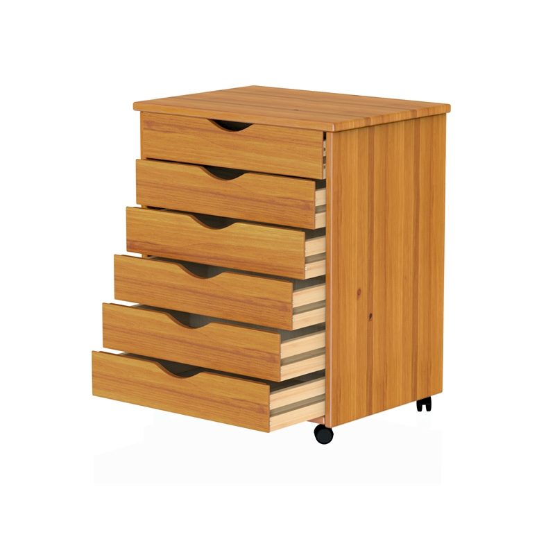 Jela Solid Wood 6 Drawer Wide Roll Cart in Med Pine