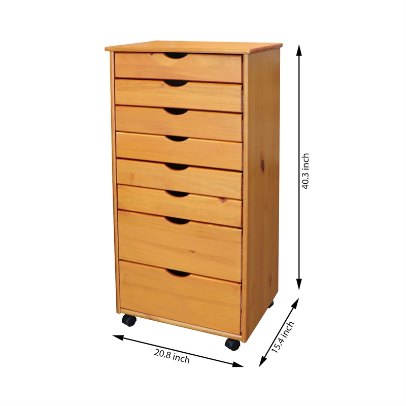 Jela Solid Wood 6+2 Drawer Wide Roll Cart in Med Pine