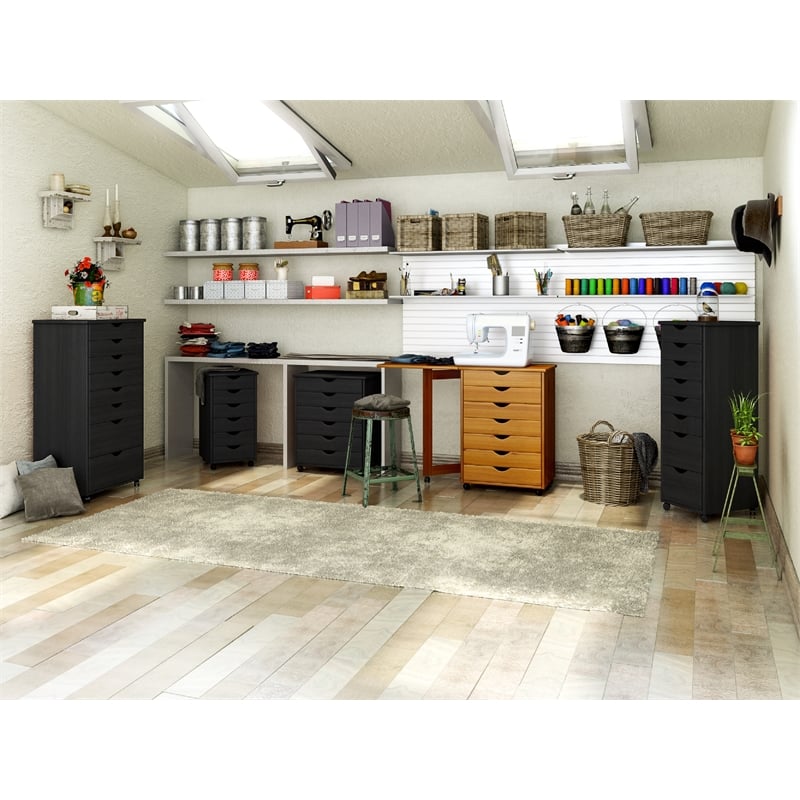 Jela Solid Wood 6+2 Drawer Wide Roll Cart in Black