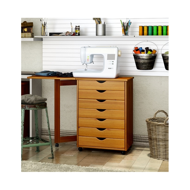 Jela Solid Wood 7 Drawer Gate Leg Roll Cart Desk in Medium Wood