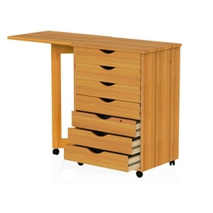 Jela Solid Wood 7 Drawer Gate Leg Roll Cart Desk in Medium Wood