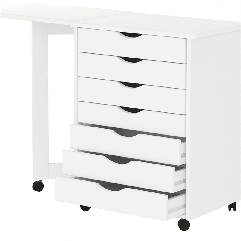 Jela Solid Wood 7 Drawer Gate Leg Roll Cart Desk in White