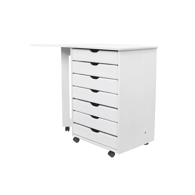 Jela Solid Wood 7 Drawer Gate Leg Roll Cart Desk in White